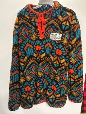 Arkansas Patterned Fleece Henley Crewneck Sweater - Teal/Orange/Gold